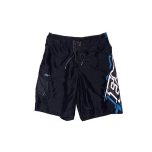 FOX RACING Board Shorts Mens 34 Black Blue Graphic Print Surf Swim Trunks 41248